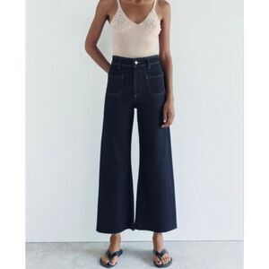 Zara Marine patch pocket dark indigo wash wide leg crop jeans 4